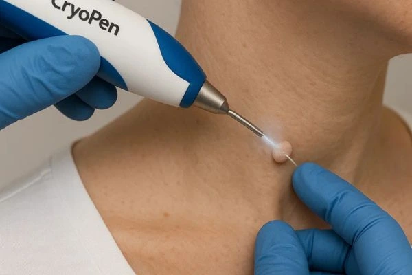 Person receiving cryotherapy Godmanchester for skin tag removal