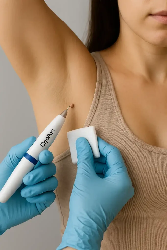 woman having cryopen to remove underarm skin tags Godmanchester