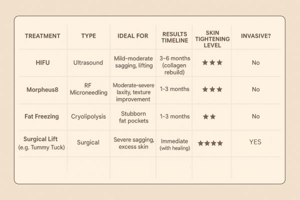 Table showing the comparisons of Skin tightening Godmanchester treatment options.